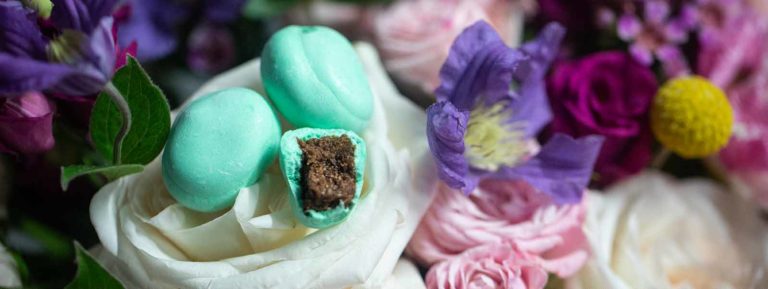 Gros plan de Confiseries posées sur une rose blanche au milieu d'un bouquet